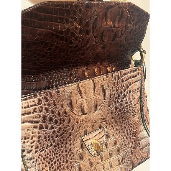 BRAHMIN Purse Croc Embossed Leather Shoulder Handbag Brown Green Chain Turn Lock - Picture 7 of 16